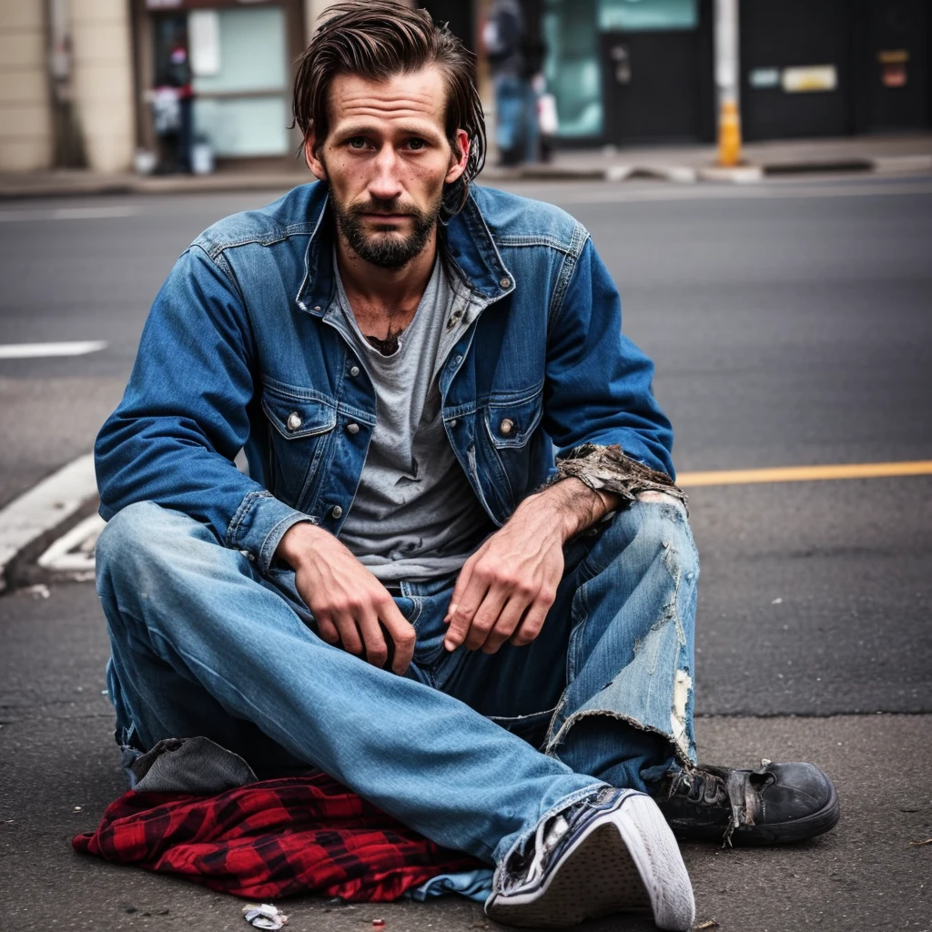 Handsome 30 year old homeless man, dirty and torn clothes