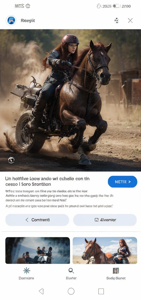 A beautiful long red hair superhero girl on a motorcycle fused with full horse looking all good from head to toe.
With landscapes in the background.. The motorcycle that is a horse's head