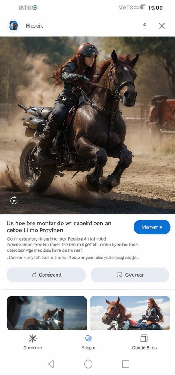 A beautiful long red hair superhero girl on a motorcycle fused with full horse looking all good from head to toe.
With landscapes in the background.. The motorcycle that is a horse&#39;s head 