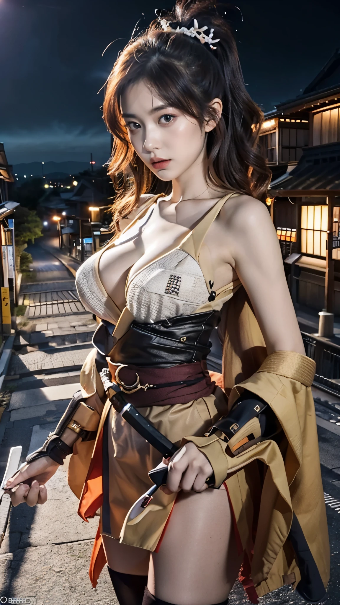 1girl,Tokyo Street,night,cityscape,facial details,city lights,half body view,big ,cleavage,8k,RAW photo,best quality,masterpiece,realistic,photo-realistic,best quality,masterpiece,very high resolution  , (photorealistic:1.3 ), 8K, raw photo, 1girl, ninja armor, outdoors, old Japanese town, from below, (holding katana:1.2), katana, ninja girl, natural skin texture, samurai, skin pores  , natural skin texture, dynamic pose, film grain, 