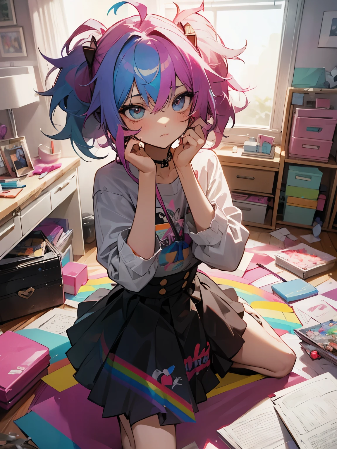 messy room, 1girl, messy hair, rainbow hair, alternative, glam rock