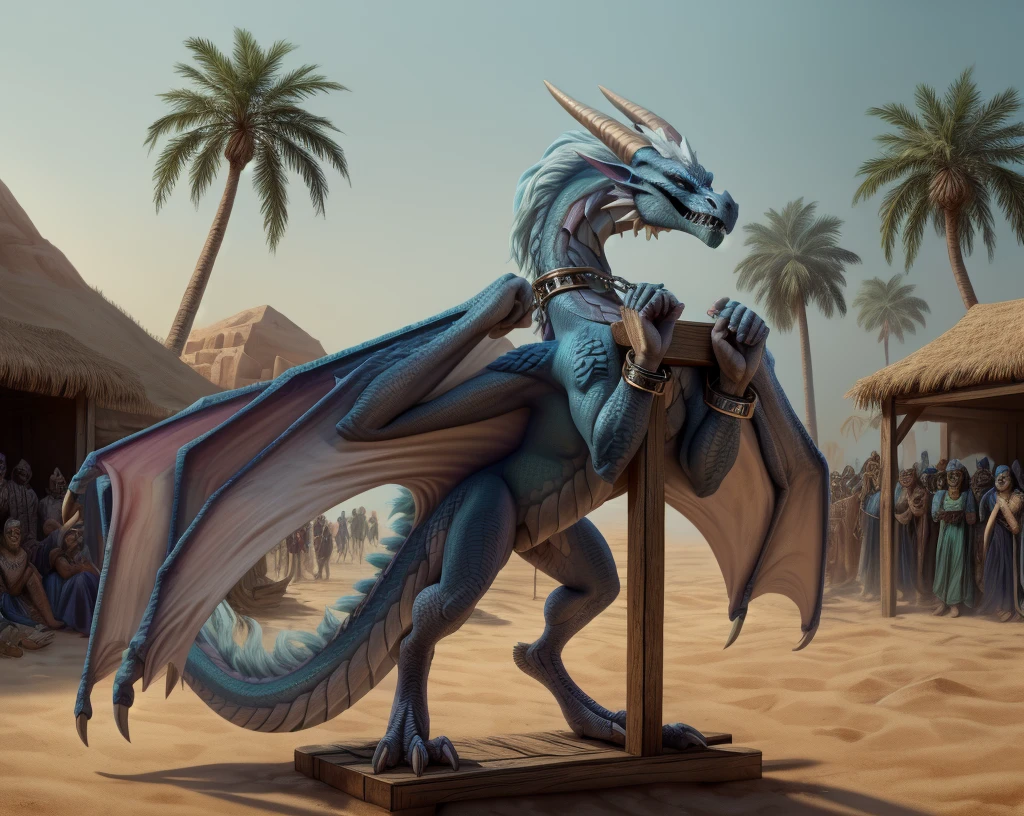 an extremely talented impressionist painting of mature AurothDOTA wyvern being fucked from behind in arabic slave market, desert background, palm trees, standing on wide wooden platform wtih other slaves, crowd in arabic hats, masterpiece, best quality, ultra-high-detailed, feral, female, quadripedal, detailed scales, slim body, athletic, curvy, light blue mane, uploaded on e621, nsfw, questionable content, scalie, wings, wyvern, small breats, flat chested, beaten, legs chained together tightly, bdsm, collar, chain, cuffs, metal collar, cuff2collar, restrained, tally marks on belly, broken rape victim, standing, head put through stocks, focus on face, angry expression, angry face, fury, dragon slave, Auroth being raped in her ass, anal sex, penis in ass, fucked from behind, fucked silly