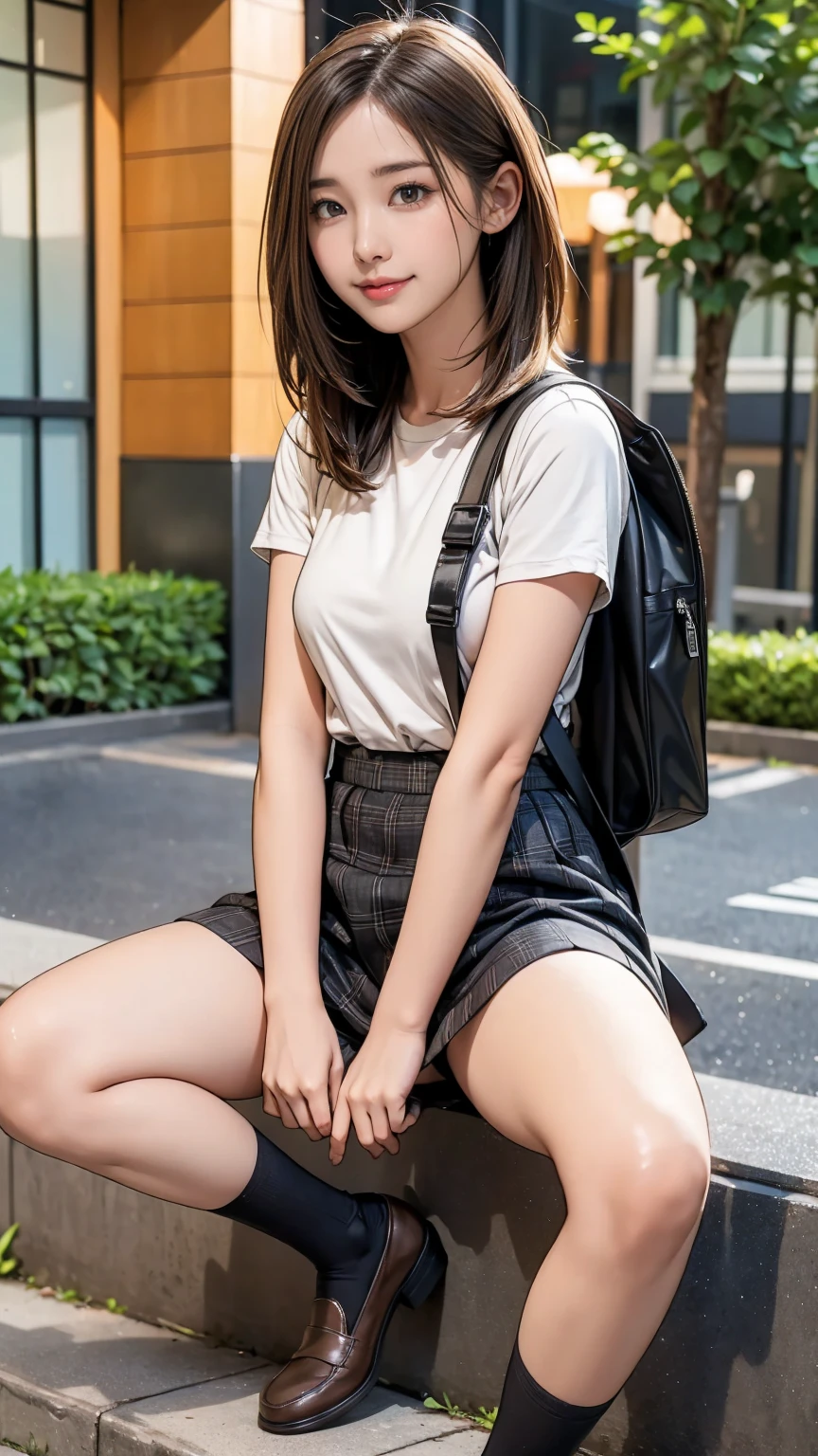 ((masterpiece)),(((Highest quality))),Thin thighs,Long legs,An 18-year-old high school girl standing on the school steps,White shirt,Blue and white plaid mini skirt:1.5,The best smile,Short bob with side waves:1.5,Carrying a black backpack,wear black loafers,Facing the front and spreading legs:1.5,