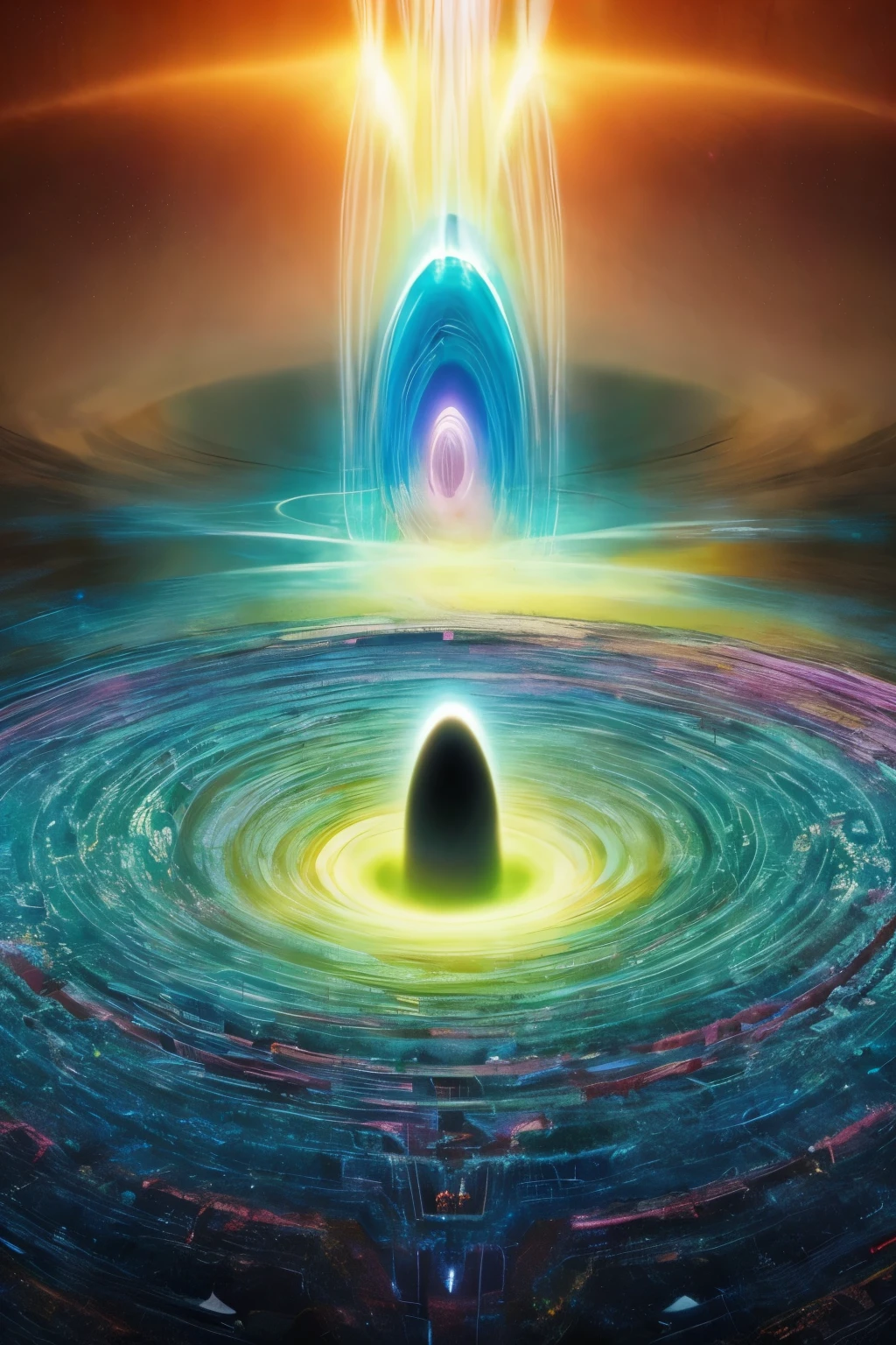 Gigantic Dimensional Portal, similar to black holes but formed in a multicolored way, intricate, realism, art in the style of François Baranger. Alignment, cosmos, Cosmicism evident in the images.