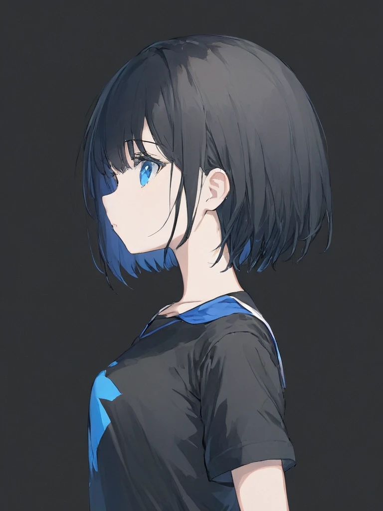 1girl, solo, blue eyes, (detailed eyes), flat chest, short hair, black hair, ((black t-shirt)), simple t-shirt, black skirt, black socks, standing, upper body, (white background), Transparent background, looking down, ((masterpiece, illustration, best quality)) 