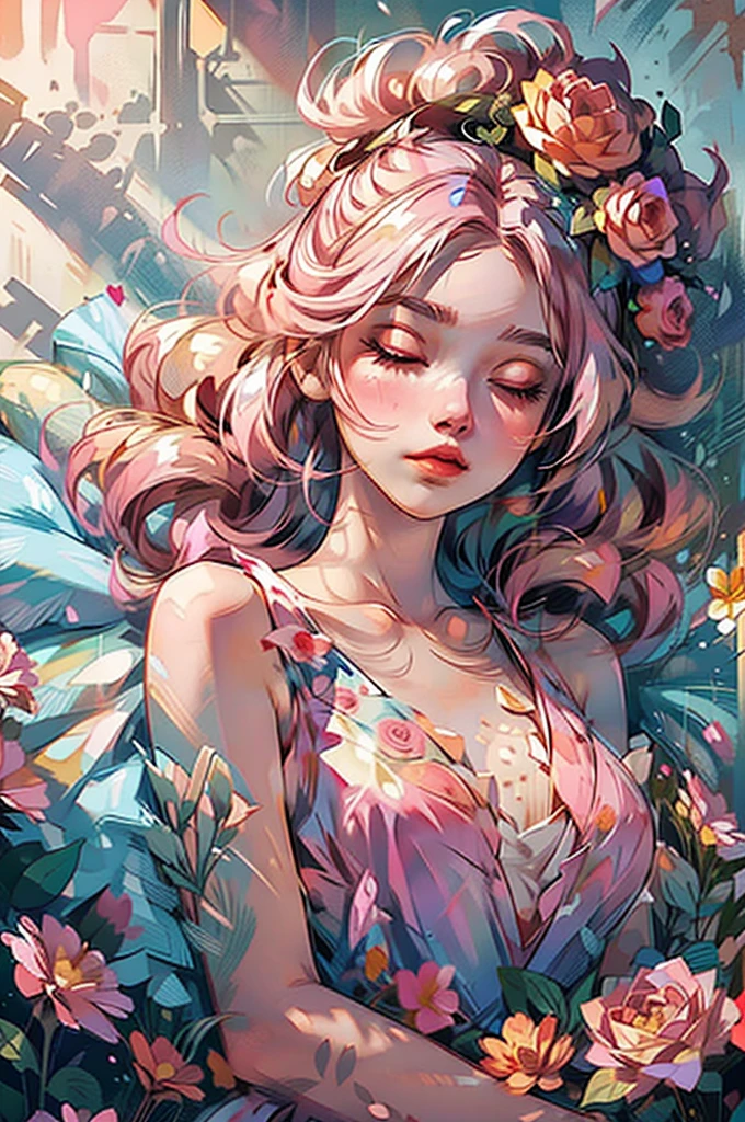 shui001,1girl, solo, flower, dress, blonde hair, closed eyes, pink flower, rose, lying, white dress, pink rose, on back, lips, makeup, sleeveless, floral print