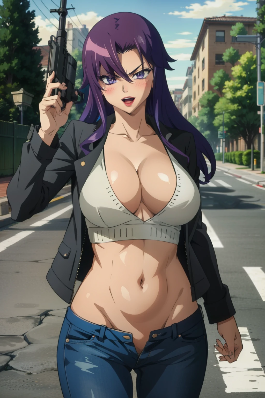 purple hair,lipstick, hair over one eye, purple eyes, detailed eyes,long hair, blush, lipstick, long hair, crazy eyes ,,school, masterpiece, best quality, highly detailed, a girls with a gun, evil smile , open mouth, sexy gaze, badass
pose , evil smile, smile, guns blazing, anime girl with long hair, beautiful long
haired girl, navel, evil expression, exposed belly, exposed navel, exposed midriff, exposed lower belly,
long black pants, crop top, cleavage, unbuttoned leather pants ,open fly, low rise black leather pants,
leather jacket, holding a gun, outdoor,street,road, navel piercing