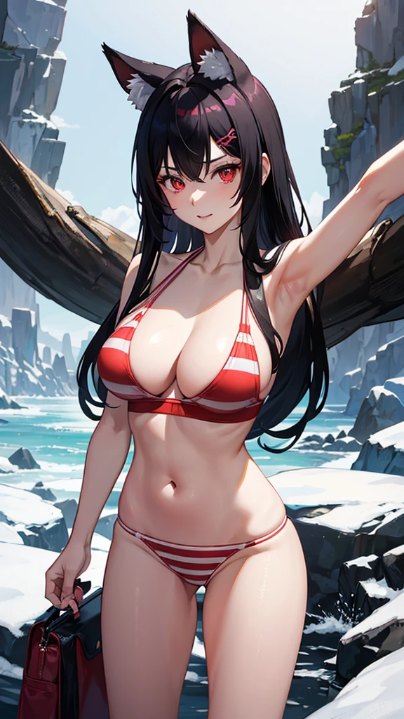 An adult woman, half fox, black hair with red stripes, pink and red eyes, in a bikini, standing, and very sexy