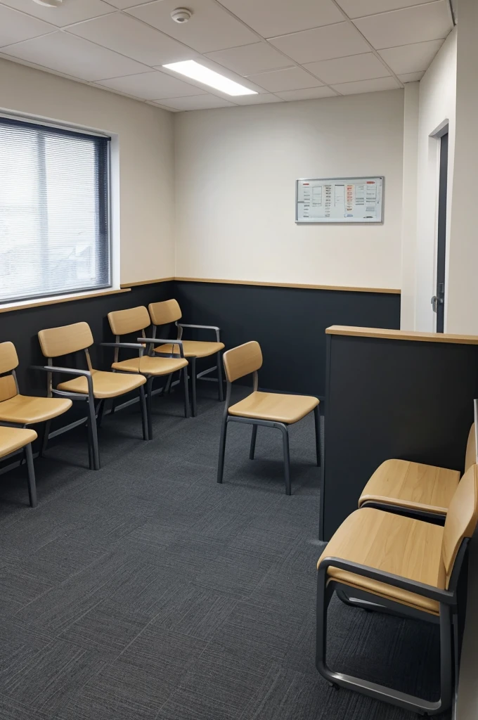 Hospital waiting room with chairs and free space on one of the walls to add 3 blackboards measuring 90cm by 60cm wide in front of the chairs