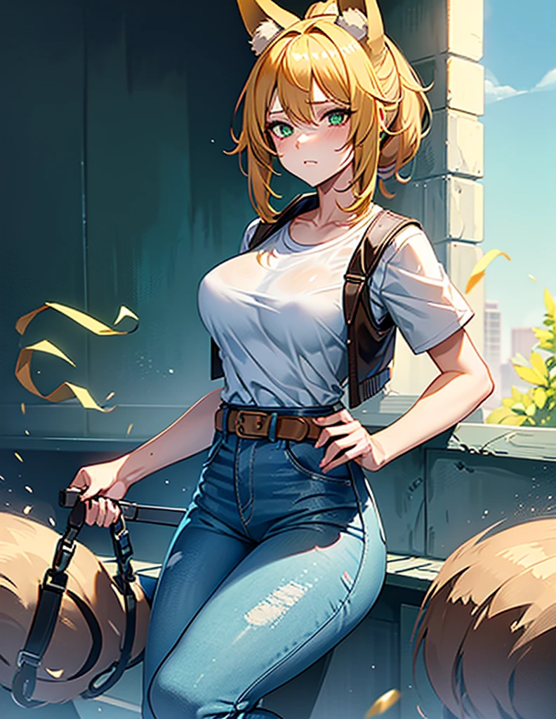 Sexy young girl with fox ears, green eyes, yellow hair with ponytail and big bangs, tight white and blue shirt, and jeans with a brown belt, mechanics, tool in hand, stained with dirt