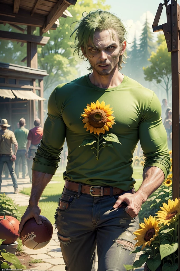 (((best quality))),(((ultra detailed))),(((masterpiece))),illustration,1 zombie,sunflower,cherry bomb,peashooter,squash vine,zombie-eating plant,zombie,grunt,pole-vaulting zombie,football-carrying zombie,strategic,addictive,gardening,zombie-slaying,colorful graphics,charming animation,entertaining,mindless fun