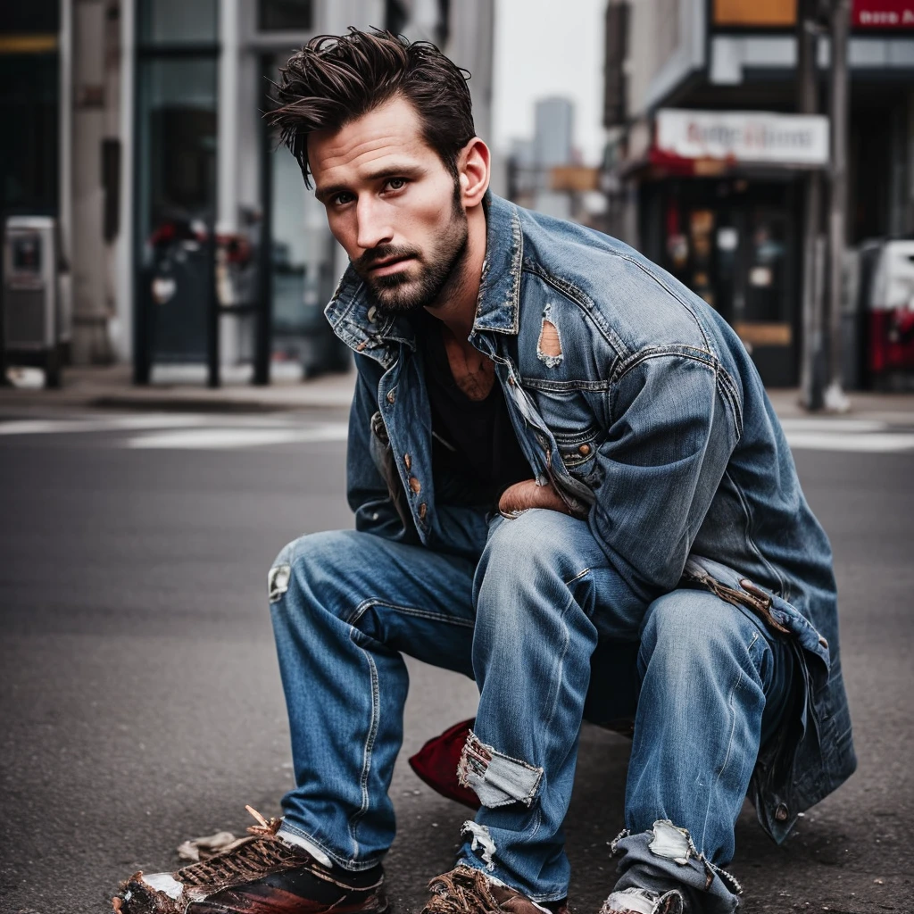 handsome 30 year old man of a homeless model, dirty and torn clothes
