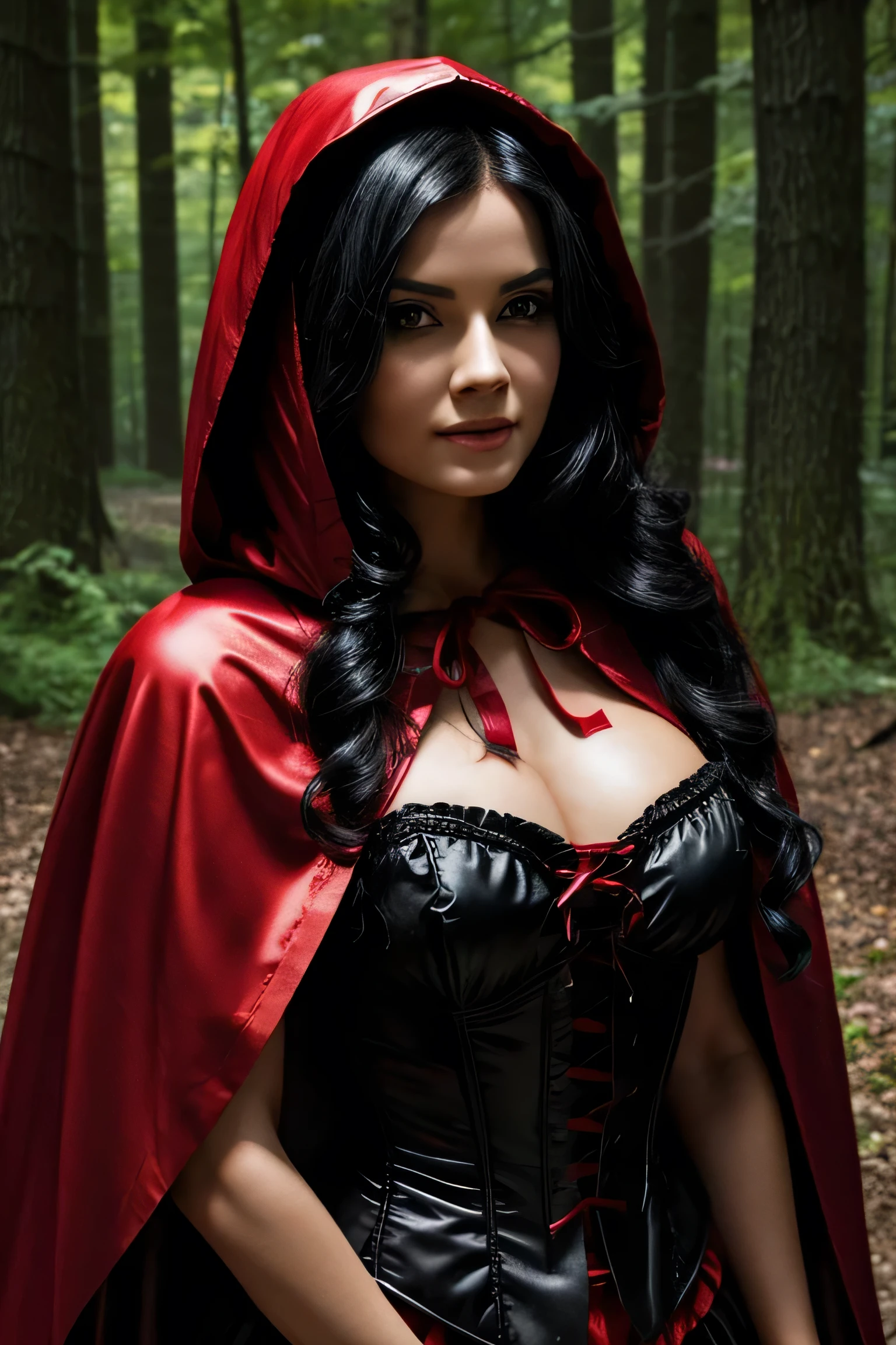 woman with black hair, with a cape and red hood, short corset dress, type of little red riding hood, in an enchanted forest, looking at the camera, photorealistic