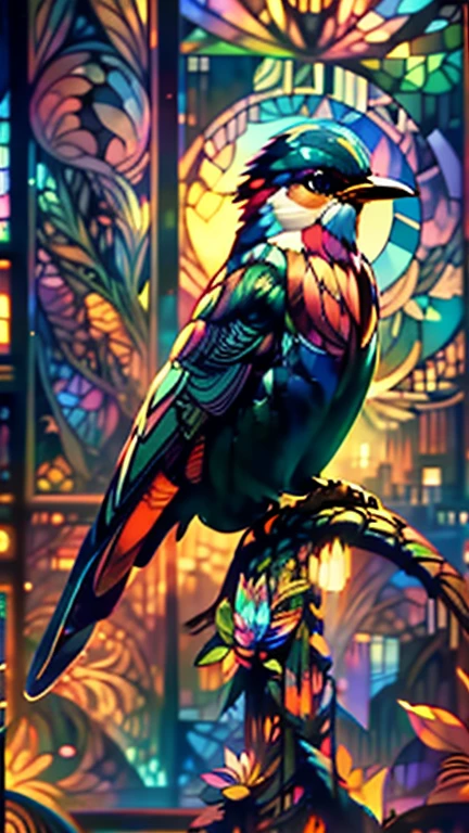 Realistic stained glass windows depicting a colorful aviary filled with flying birds, inspired by the works of Louis Comfort Tiffany and Frank Lloyd Wright, bright colors, detailed craftsmanship, perspective shot