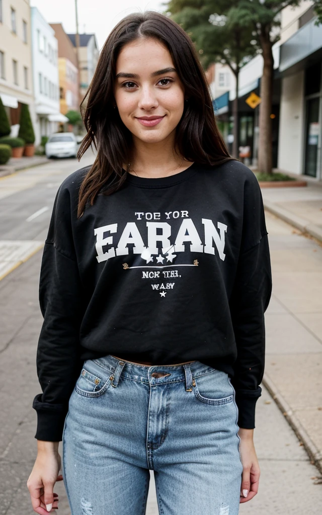 "American Dream": A 26-year-old woman, dressed in a casual but elegant outfit, including a black sweatshirt and distressed jeans, optimistic and excited about the opportunities that lie ahead