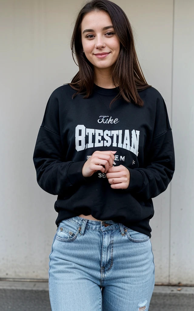 "American Dream": A 26-year-old woman, dressed in a casual but elegant outfit, including a black sweatshirt and distressed jeans, optimistic and excited about the opportunities that lie ahead