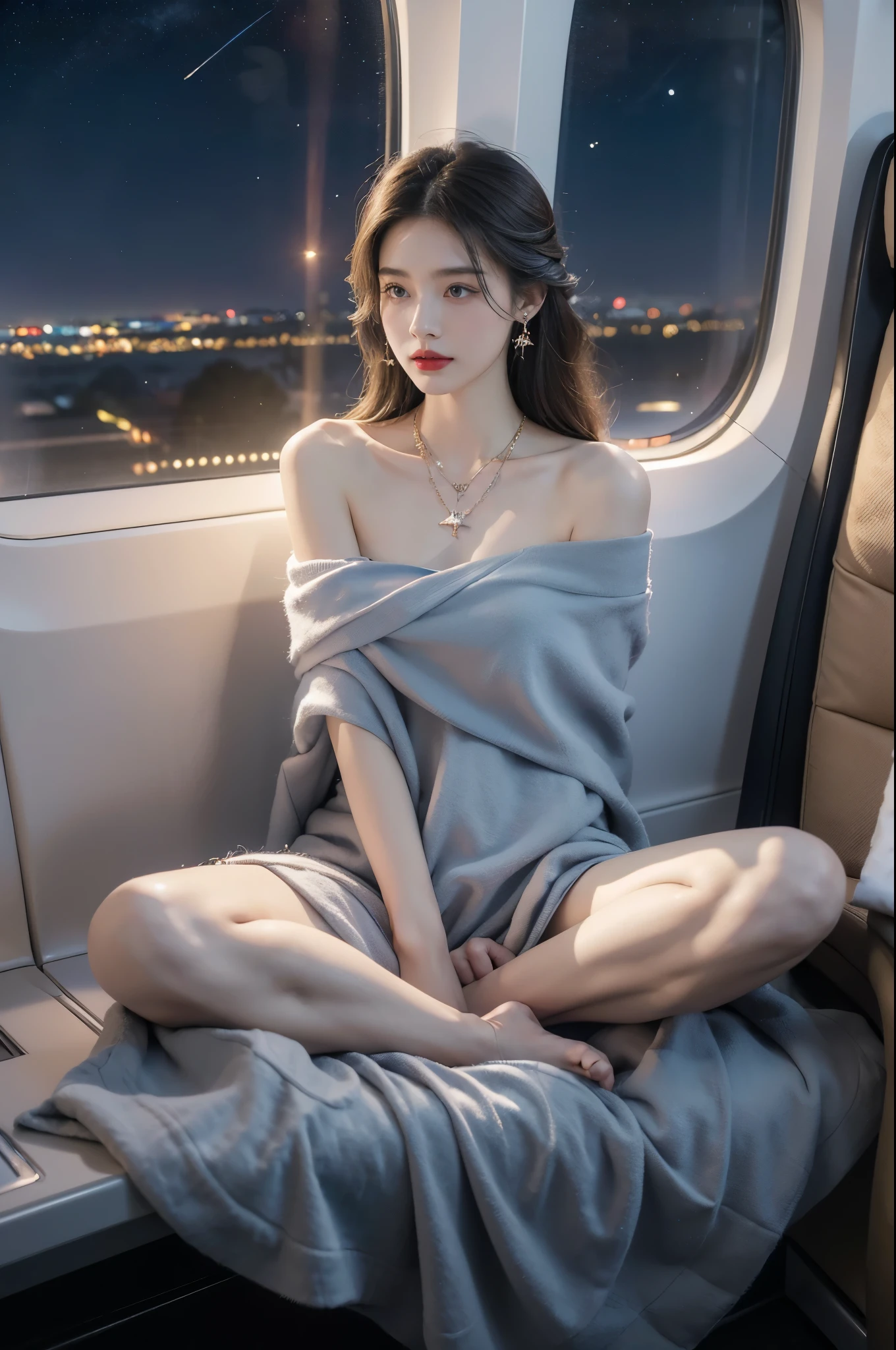 (((best quality))),(((ultra detailed))),(((masterpiece))),illustration,(a beautiful girl,female passenger,solo),(parted red lips),((slim,thin,small breasts,flat chest)),((earrings,crystal necklace)),(slender legs:1.2),summer night,((in airplane,economy class,indoor)),(blanket over shoulders:1.3),((dress)),(shoulder length straight bob hair:1.2),stars,moonlight,smooth flight,engine sound,lullaby,relaxed,excited,laughing,visiting family,comfortable seats,soft fabric,headrests,adjustable,beauty of night sky,dimmed lights,sleeping passengers,movies,personal screens,staying awake,magic of sky,joy of being with family,memorable journey,adventures,(surrounded by crowded crowds:1.3),(Outside the window is high-altitude night view:1.2),((sitting,from front,full body)),(arms behind back:1.3),(spread legs apart:1.3)