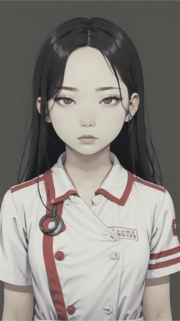 monochromatic、Girl、Asian、Moderate bust、Simple Background、White nurse uniform、Very thin、Long straight black hair、Glaring at the camera、Pale skin、