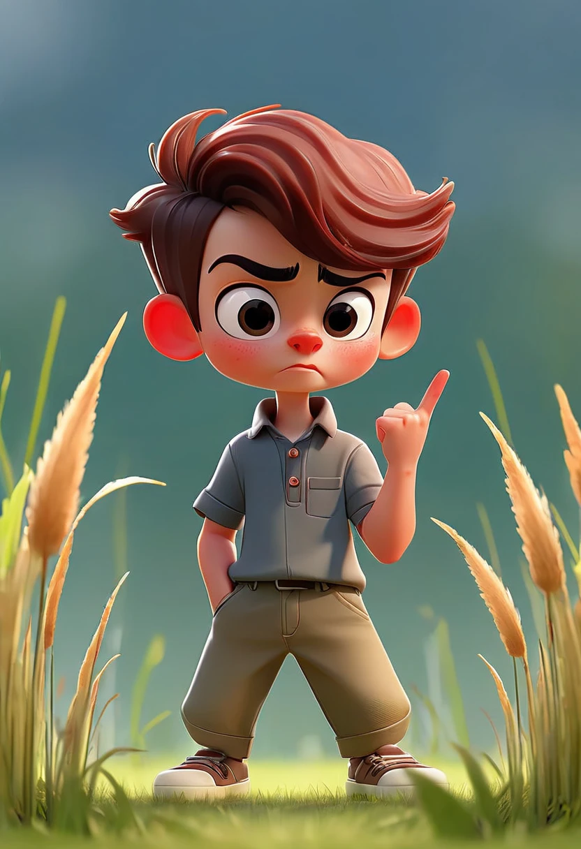 Cartoon little boy standing on the grass, Tap the air with your right middle finger into the air Side View, Camera shooting side view of people