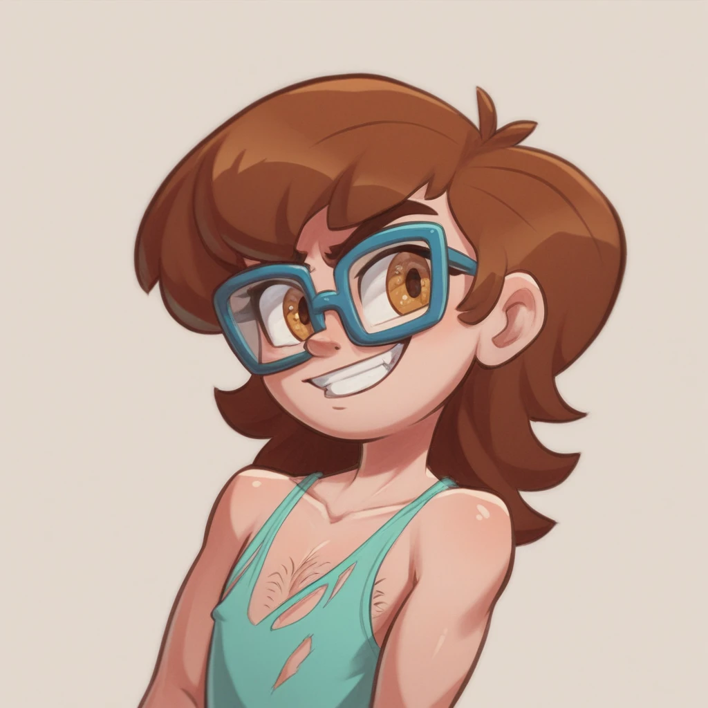 Ralph Bakshi Style, brown eyed skinny:2.5 brunette girl with long styled hair and black_glasses, nudity:1.5, (extreme nsfw):2.5, torn tanktop, (flatchested):2.0, lewd:2.0, (hairy_cunt):3.0