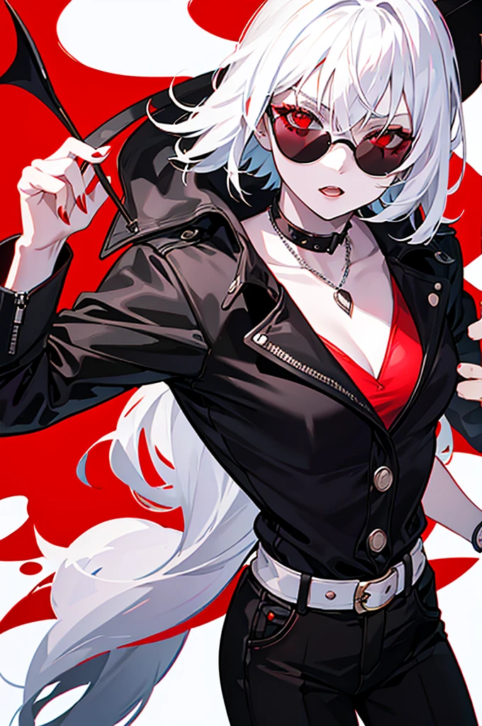 demon girl, with white hair, with sunglasses, uses a red and black toothpick