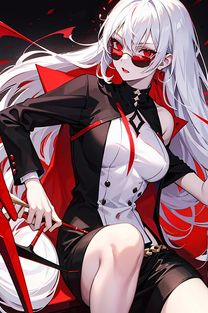 demon girl, with white hair, with sunglasses, uses a red and black toothpick
