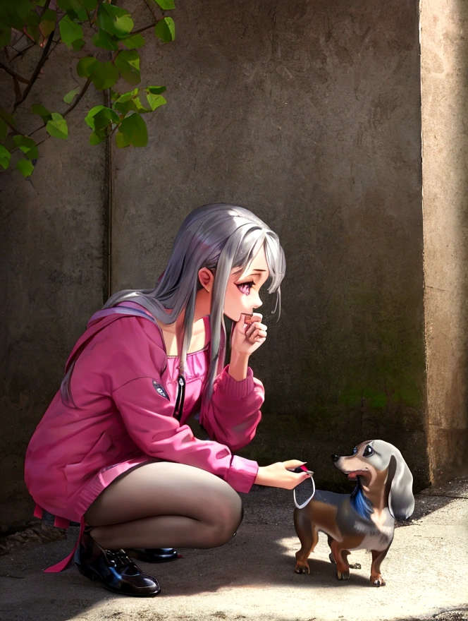 Graffiti-style, lightly dressed beauty playing with a silver dapple miniature dachshund, passion color