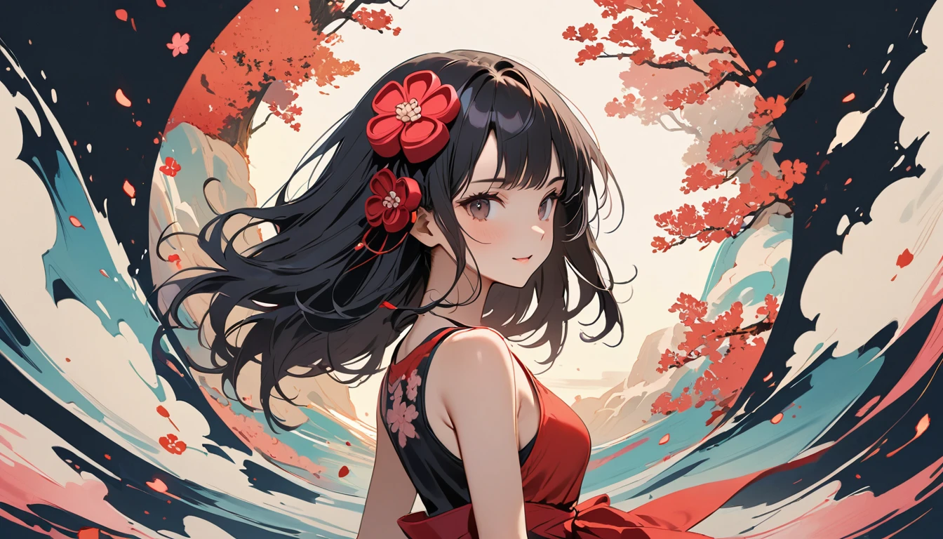 Highest quality, Katsushika Hokusai, Ink Painting, (((medium hair))), (((Cherry blossom))), (((Japanese pattern tank top))), Japanese style headphones, beautiful girl, Black Hair, Brown Eyes, smile, Delicate and precise, Modern ukiyo-e style,
