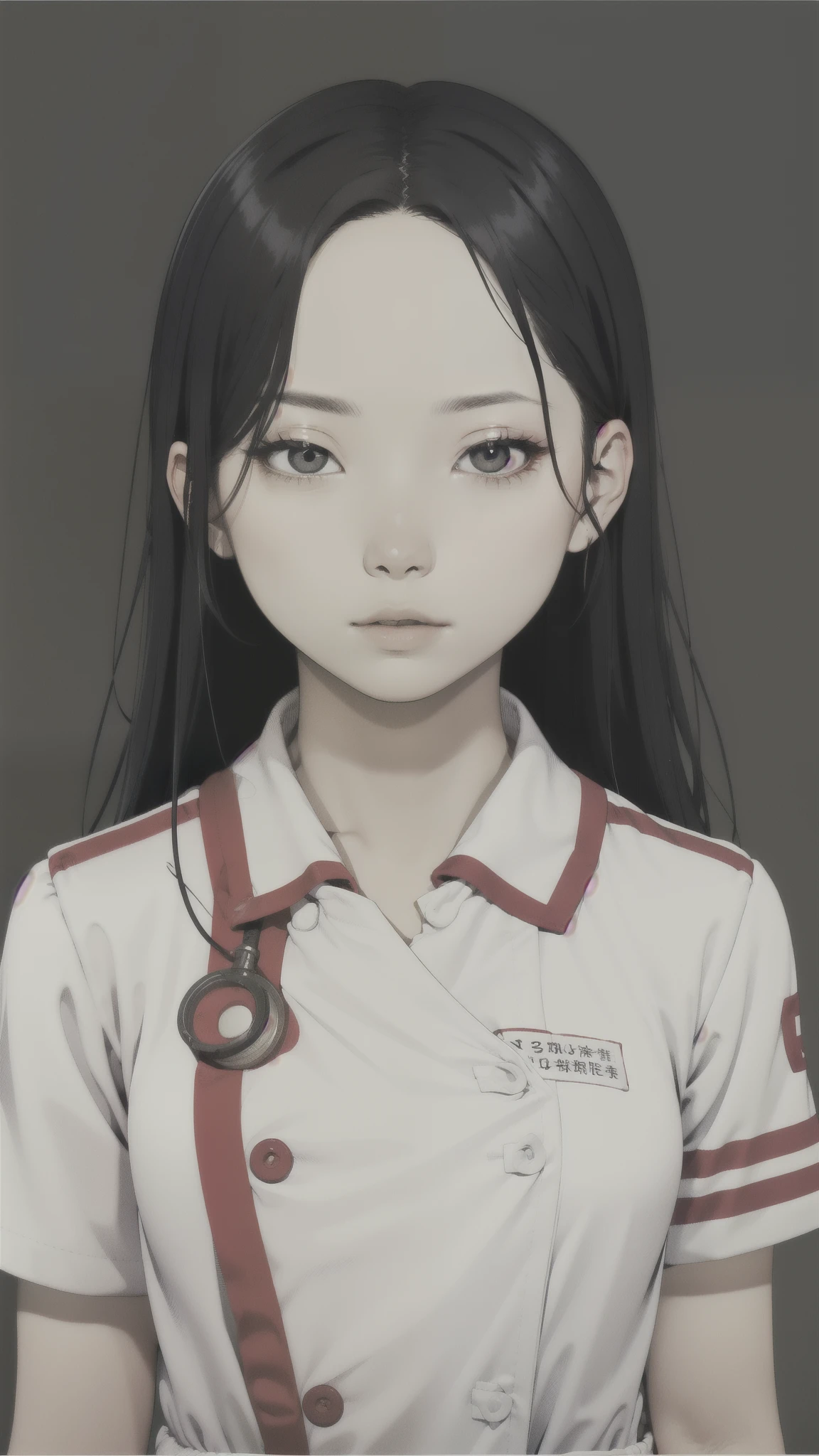 monochromatic、Girl、Asian、Moderate bust、Simple Background、White nurse uniform、Very thin、Long straight black hair、Glaring at the camera、Pale skin、