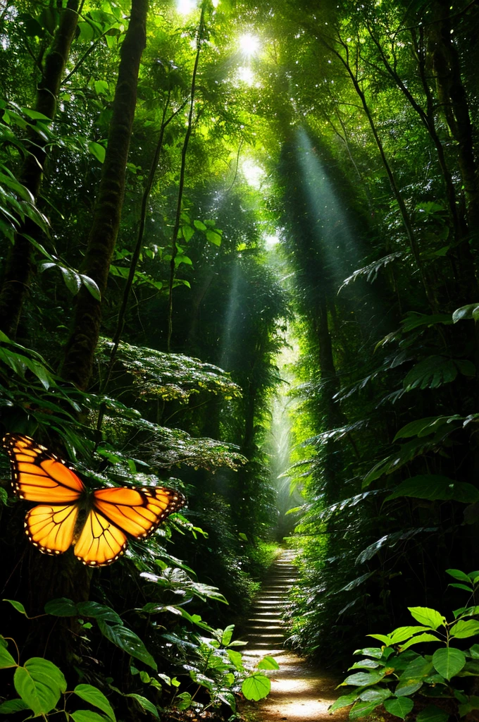 Sunlight shining through trees and leaves in the rainforest, borboleta and sunshine, enchanted forest backround, rays of life, Butterflies fly, butterfly lighting, Glowing borboleta, enchanted forest background, enchanted forest, Magical jungle, very magical and dreamy, lush fairy forest, borboleta, Butterflies float in the air, in a enchanted forest, full of fairy
Mais distante, maior