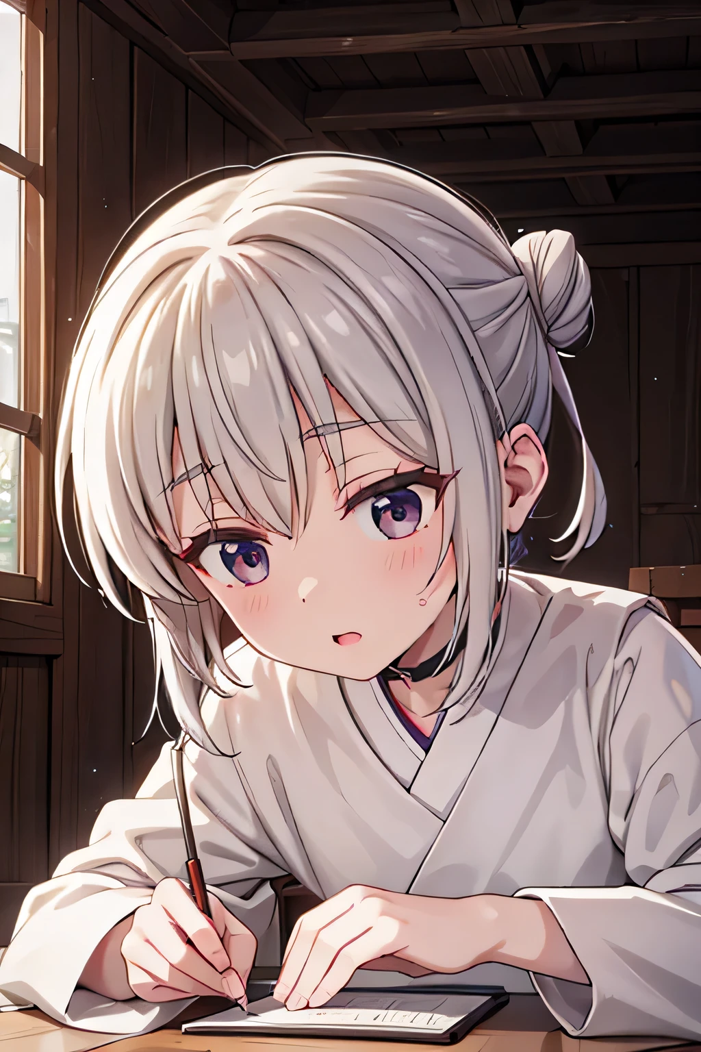 A close-up of a wise elder named Hana in a small, ancient village, with silver hair tied in a bun, wearing a simple but elegant robe, known for her deep wisdom and fair judgments, with traditional village houses in the background. (masterpiece, hd, best quality, 2d)