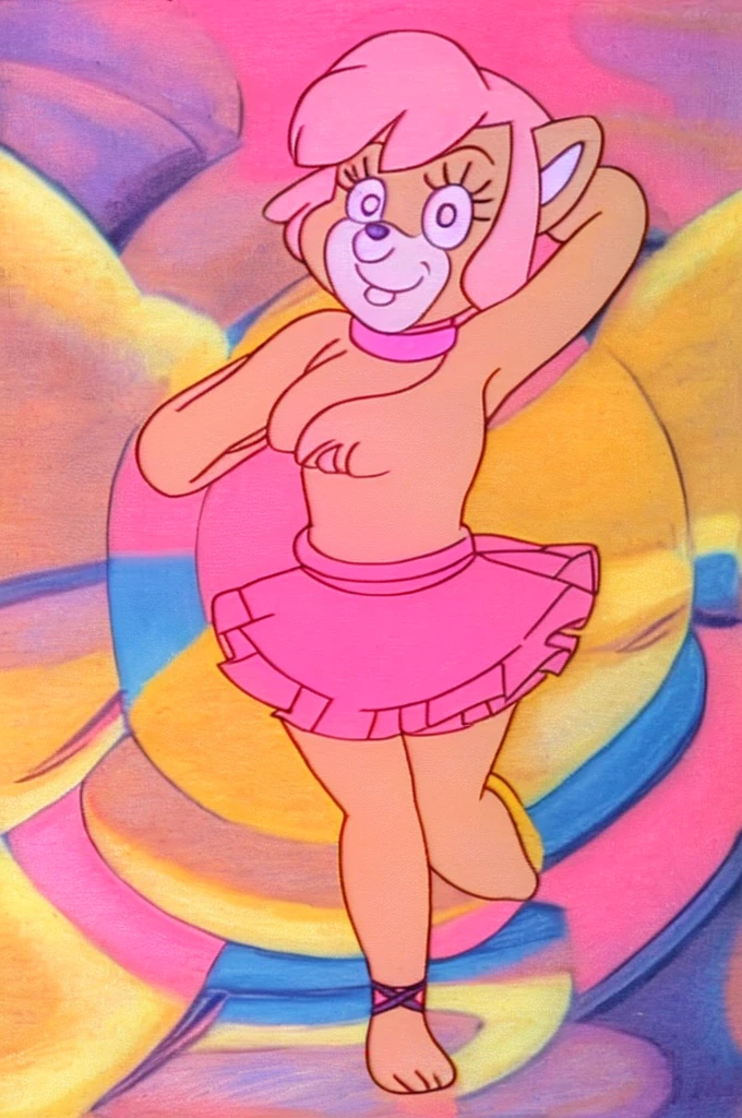 Furry Yellow bunny with white eyes with hot pink pupil and pink collar with a heart, with mat instead of chest without clothes just a skirt cartoonish Hanna-Barbera type, Women, Mexican pink volume skirt, BALD, in cute pose. With red panda girl with punk Style with dor eyes and short hair
2 people