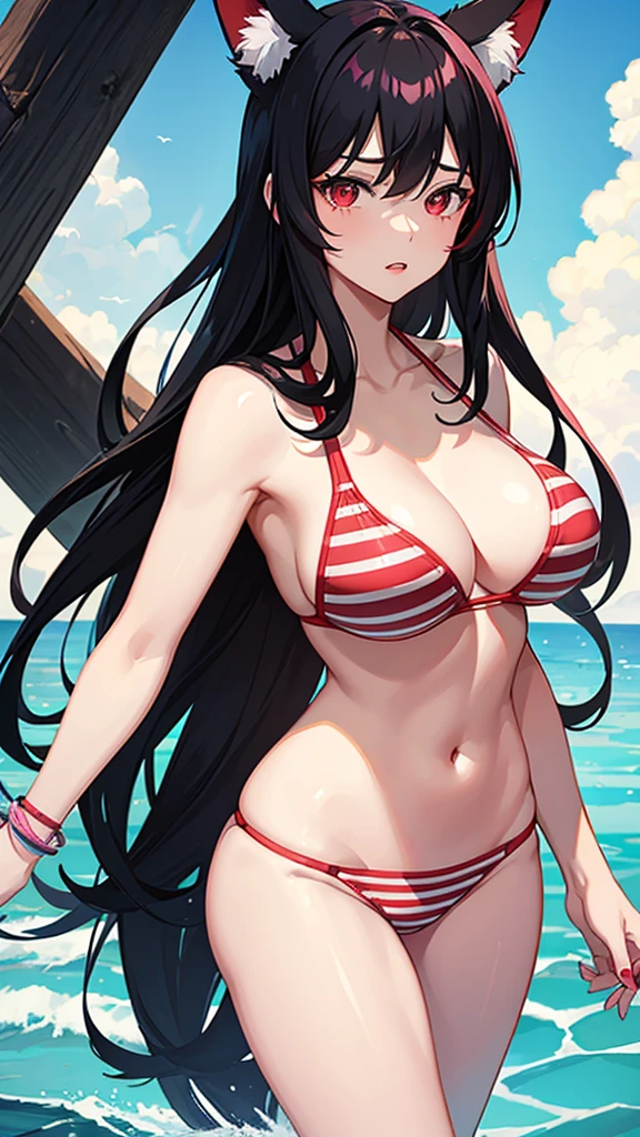 An adult woman, half fox, black hair with red stripes, pink and red eyes, in a bikini, standing, and very sexy