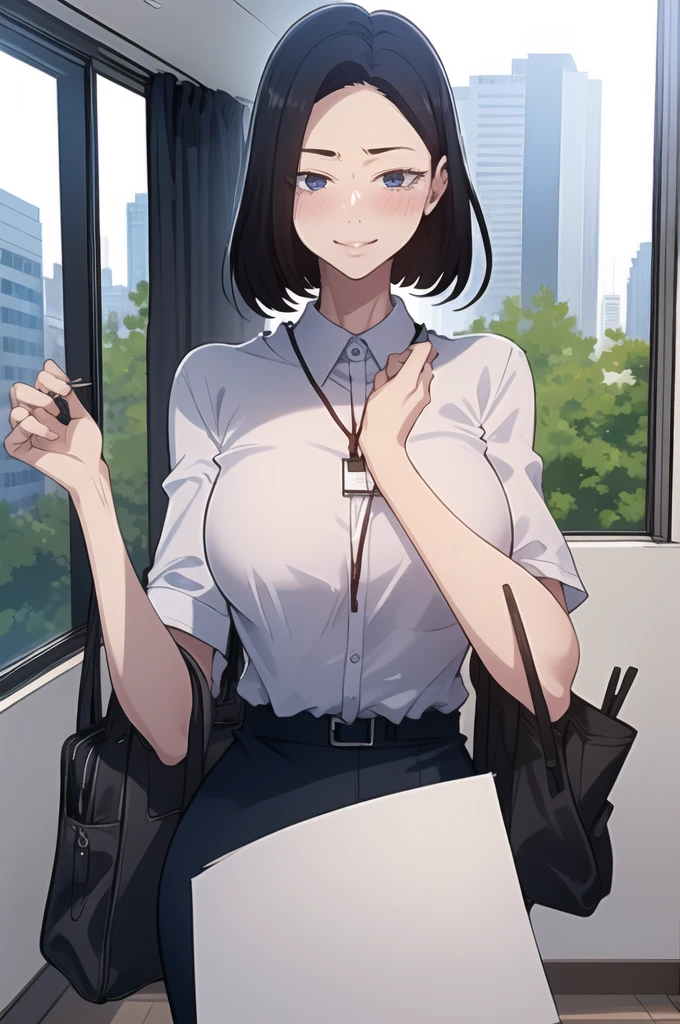 sooahdef, 1lady standing, /(casual shirt/) (pencil skirt:1.1) /(id card lanyard/), (mature female) bangs, blush kind smile, (masterpiece best quality:1.2) delicate illustration ultra-detailed, large breast BREAK /(modern office indoors/), window skyscraper, look at viewer