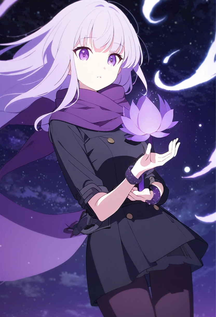 Extra long purple hair，Purple Eyes，The figure is very perfect，The body proportions are also very normal，Adult female aged 23，Wearing black and purple tights，A purple scarf on the wrist，And holding a purple fire lotus in his left hand，The right hand holds a purple-black hole，The background is purple, the universe and the starry sky