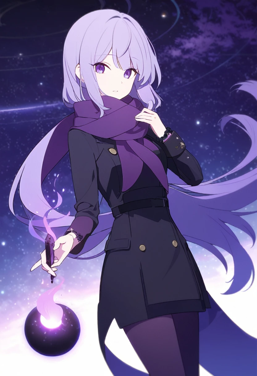 Extra long purple hair，Purple Eyes，The figure is very perfect，The body proportions are also very normal，Adult female aged 23，Wearing black and purple tights，A purple scarf on the wrist，And holding a purple fire lotus in his left hand，The right hand holds a purple-black hole，The background is purple, the universe and the starry sky