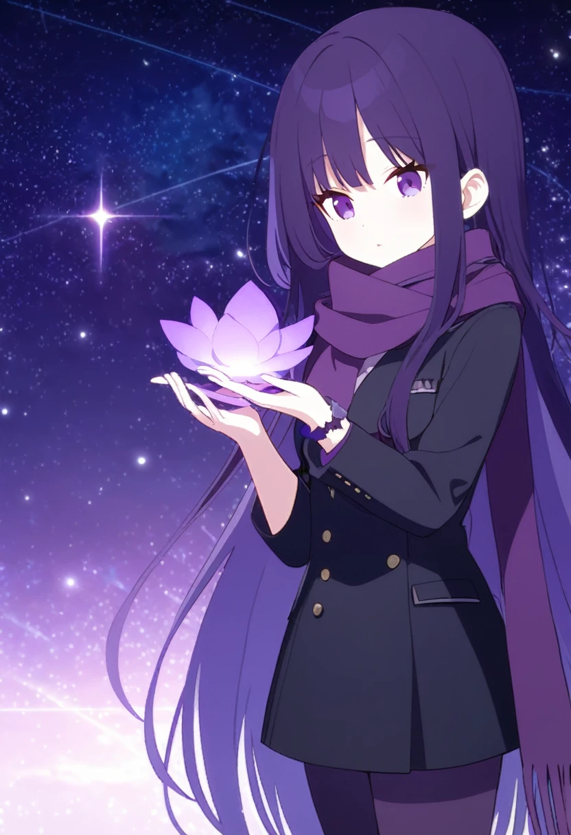 Extra long purple hair，Purple Eyes，The figure is very perfect，The body proportions are also very normal，Adult female aged 23，Wearing black and purple tights，A purple scarf on the wrist，And holding a purple fire lotus in his left hand，The right hand holds a purple-black hole，The background is purple, the universe and the starry sky