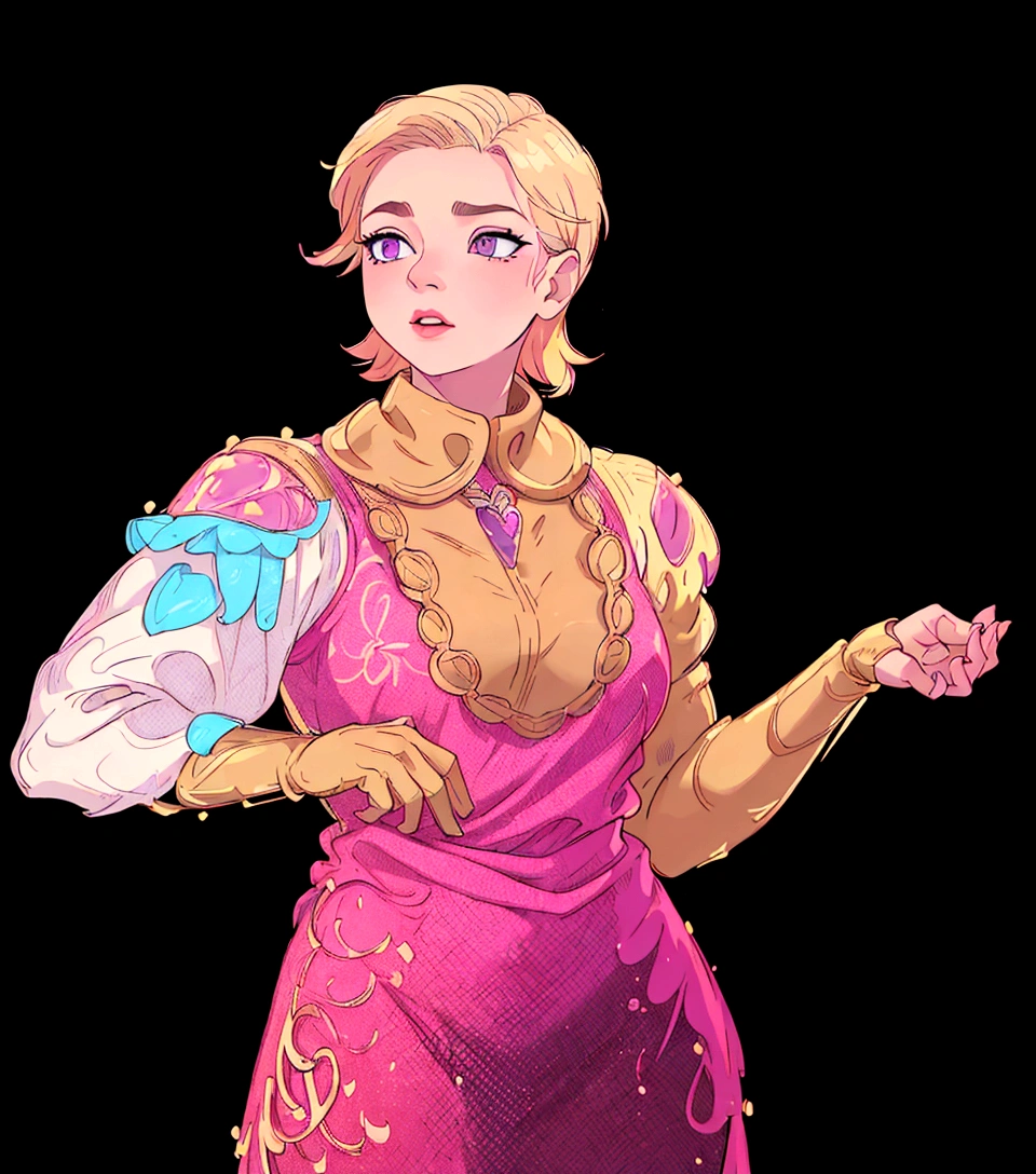 The image shows a woman with short blonde hair, wearing a vibrant pink dress with gold details. He has a confident pose, standing with his hands on his hips and his head tilted slightly to the side. Her lips are red and are accompanied by purple eye tones, complementing her outfit. The background is black, which contrasts with her colorful outfit and highlights her as the main protagonist of the image.