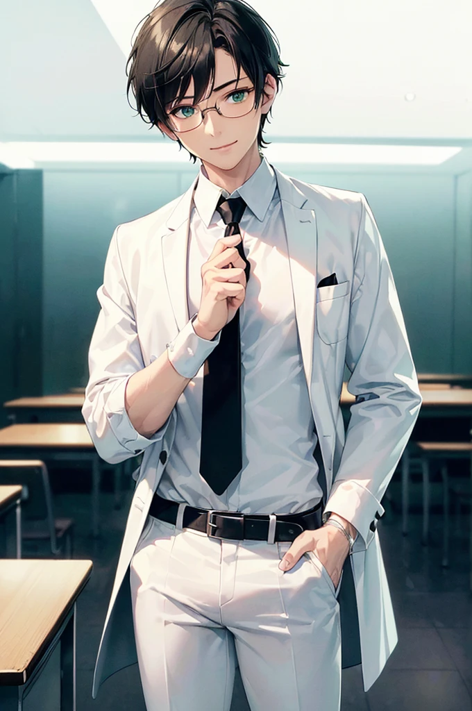 (masterpiece; best quality: 1.2), (finely detailed eyes: 1.3), ((25 year old man)), ((solo)), (green eyes: 1.4), (body; lean, toned, masculine: 1.3), (very short black hair: 1.3), (beautiful and clear background: 1.2), ((depth of field)), (equipment: white open labcoat + black shirt + white necktie + white pants + black square glasses: 1.3), (anime illustration: 1.2), (background composition; japanese highschool classroom + furniture: 1.1), (extremely fine and handsome: 1.1), (shot composition; standing + centered on torso + close-up: 1.5), (expression; calm, smile: 1.2)