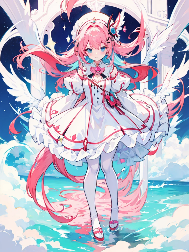 fantasy world girl with colorful hair, accessories, detailed clothes, pantyhose, white and red clothes, pink hair, blue eyes