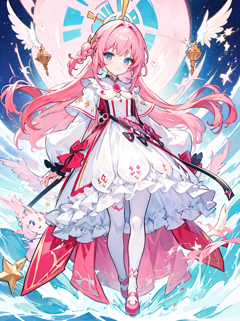 fantasy world girl with colorful hair, accessories, detailed clothes, pantyhose, white and red clothes, pink hair, blue eyes