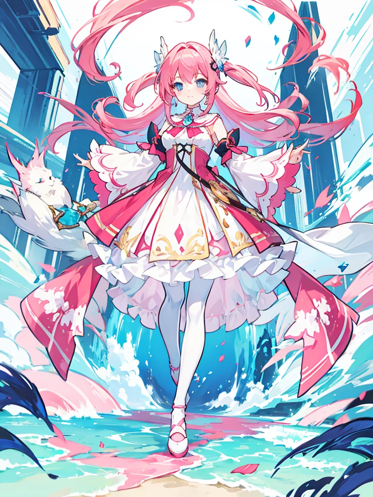 fantasy world girl with colorful hair, accessories, detailed clothes, pantyhose, white and red clothes, pink hair, blue eyes