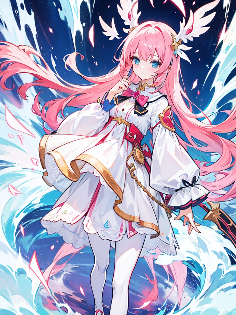 fantasy world girl with colorful hair, accessories, detailed clothes, pantyhose, white and red clothes, pink hair, blue eyes