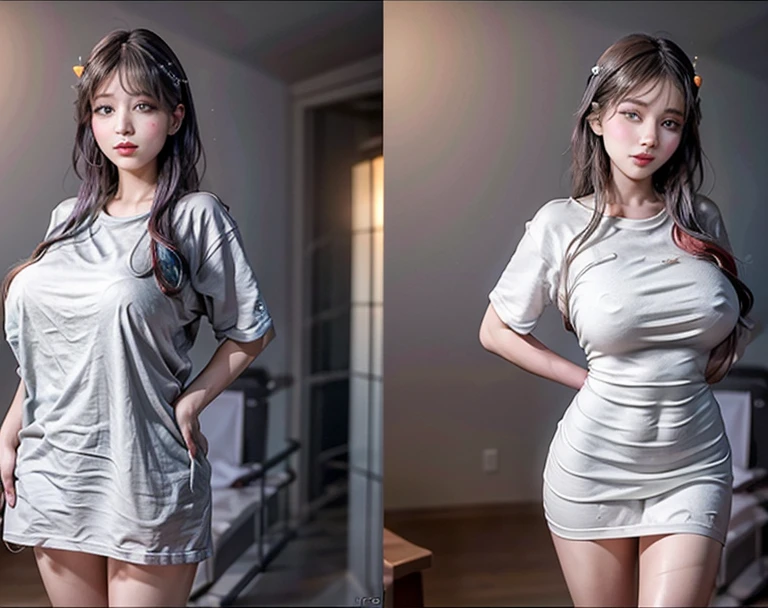 White and Bright Red, (Masterpiece 8K TopQuality:1.2) (ProfessionalPhoto:1.37) ExtremelyDetailed (((KAWAII girl with HUGE boobs:1.37)) (oversized t-shirt) Extremely detailed (Delicate cotton textures) PerfectLighting (Studio Dark GRAY Background) with (Dazzling RainbowColor Particles) BREAK (((NOGIZAKA FaceVariations))), Extremely Detailed (very KAWAII Face), Childish CaptivatingGaze Stunning ParfectEyes ElaboratePupils with (SparklingHighlights:1.28), DoubleEyelids with (Detailed Voluminous LongEyelashes:0.88), Small GlossyRedLips with BeautifulDetails, CoquettishTongue, PUNIPUNI RosyCheeks, Radiant PearlSkin with Transparency, Glowing DowneyHair . { (Dynamic Joyful expressions LifeLike Rendering:1.4) | (:d) }, (large eyes:-1) .