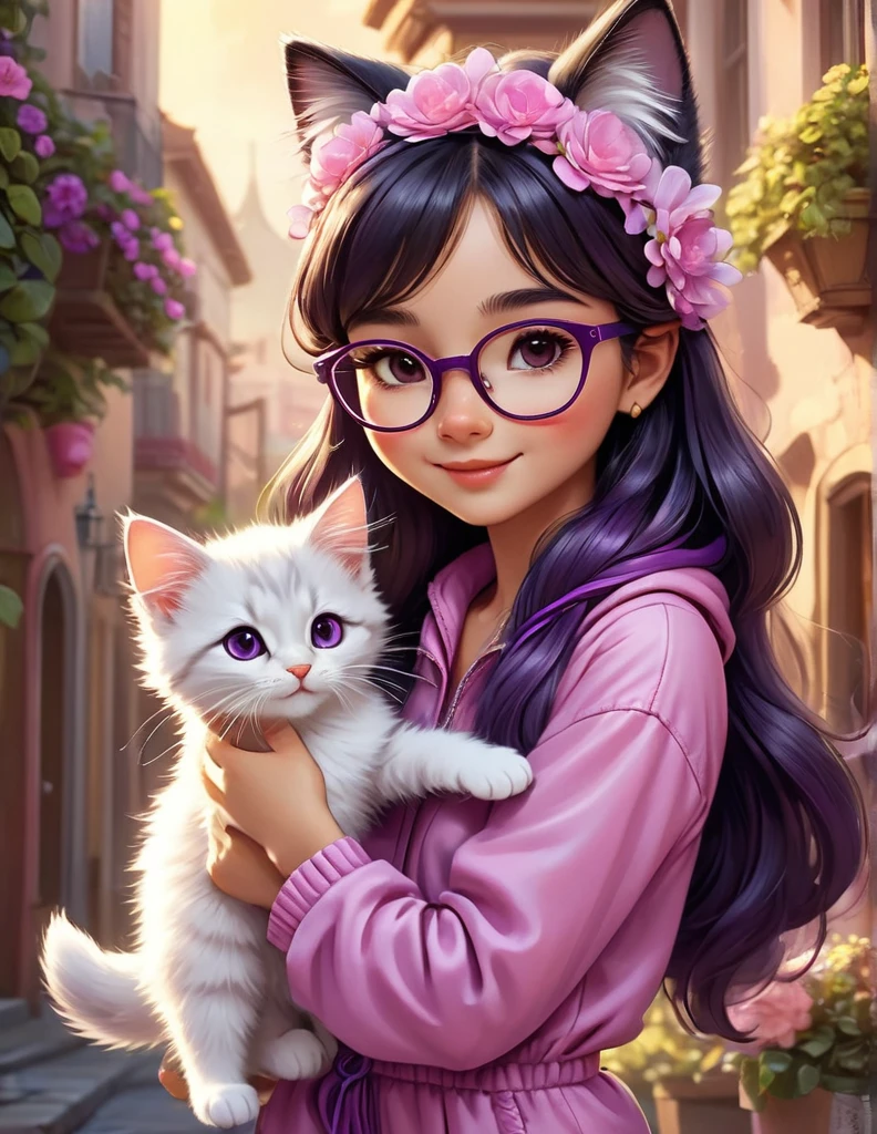 ((best quality)), ((Artwork)), (detailed), A stunning high quality 8K cartoon illustration featuring a charming 10 year old girl and her adorable kitten. ((The kitten is charming and has white and pink fur)), she sports an extravagant flower headband and wears an adorable purple and yellow scarf, accessorized with stylish sneakers. ((The girl has long black hair, slanted brown eyes, wears glasses, dressed in a pink and purple jumpsuit matching her sneakers)), her happy expression and playful demeanor capture her adventurous spirit. The background exudes a dreamy and warm atmosphere with a golden glow, enhancing the magical ambiance of the scene. The intricate details, vibrant colors, and professional finish of this 3D illustration make it truly captivating, immersing viewers in the animated world of this charming duo., illustration