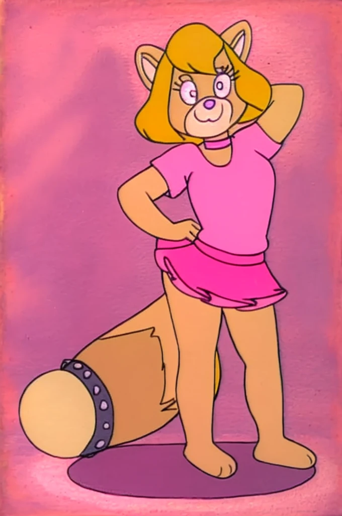 Furry Yellow bunny with white eyes with hot pink pupil and pink collar with a heart, with mat instead of chest without clothes just a skirt cartoonish Hanna-Barbera type, Women, Mexican pink volume skirt, BALD, in cute pose. With red panda girl with punk Style with dor eyes and short hair
2 people