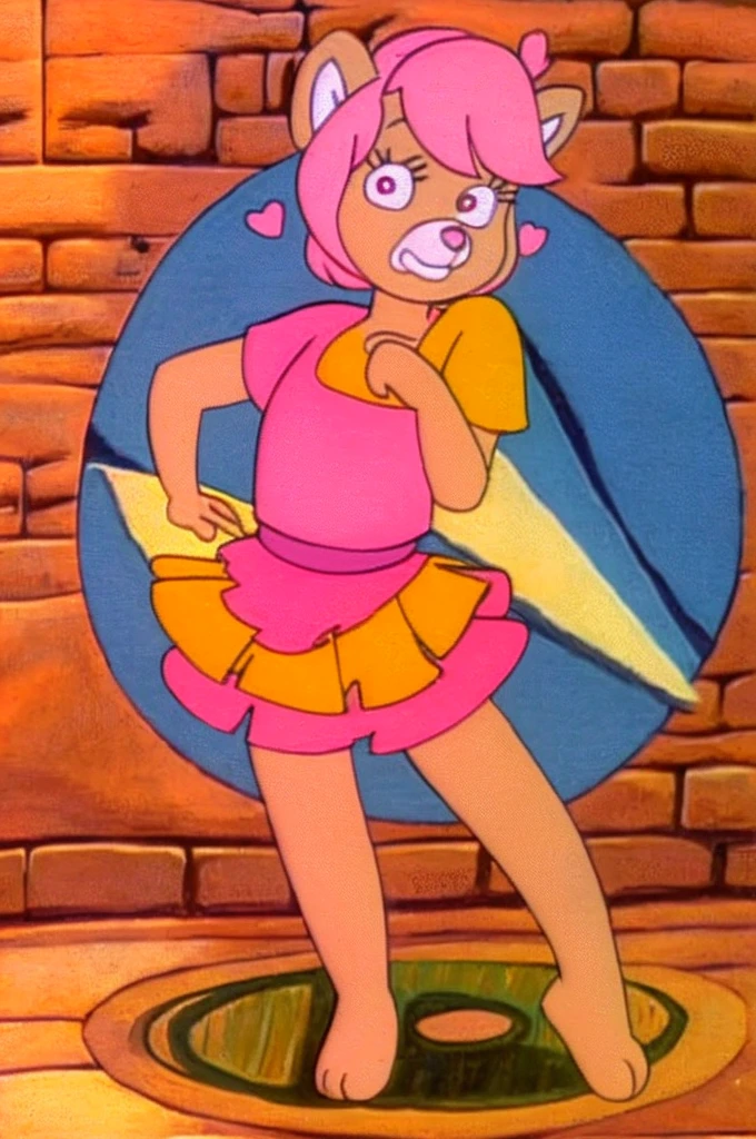 
Furry Yellow bunny with white eyes with hot pink pupil and pink collar with a heart, with mat instead of chest without clothes just a skirt cartoonish Hanna-Barbera type, Women, Mexican pink volume skirt, BALD, in cute pose. With red panda girl with punk Style with dor eyes and short hair
2 people