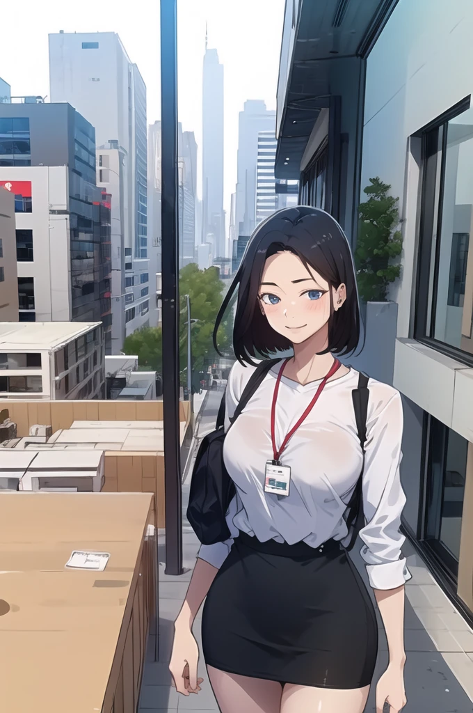 sooahdef, 1lady standing, /(casual shirt/) (pencil skirt:1.1) /(id card lanyard/), (mature female) bangs, blush kind smile, (masterpiece best quality:1.2) delicate illustration ultra-detailed, large breast BREAK /(modern office indoors/), window skyscraper, look at viewer