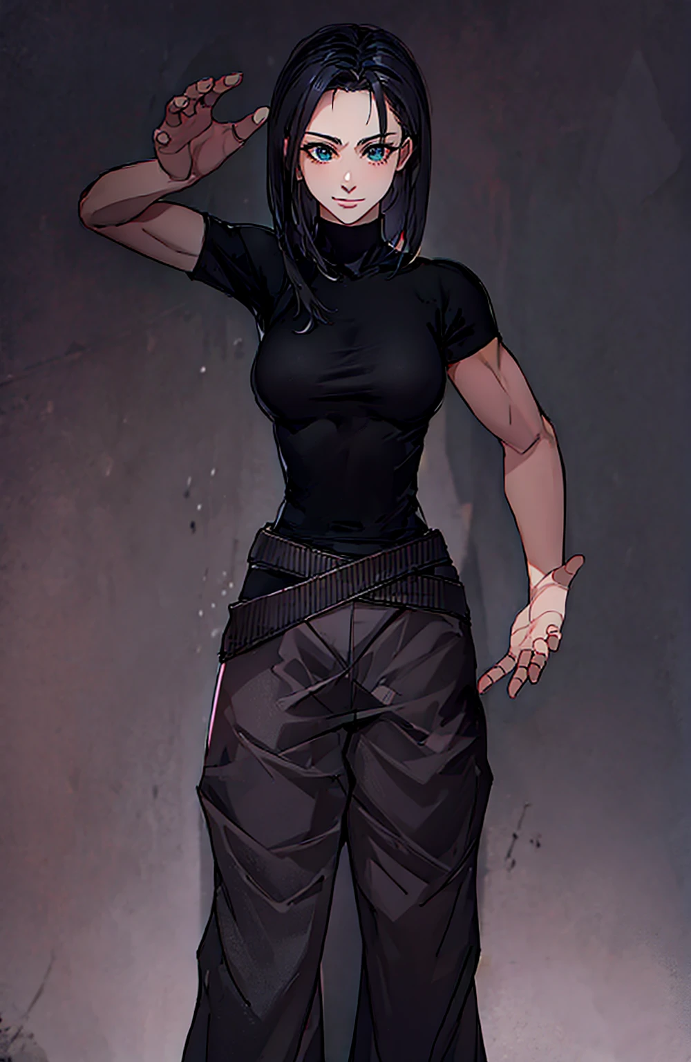 girl, short black hair, kung fu style pants, black t-shirt, muscular body
