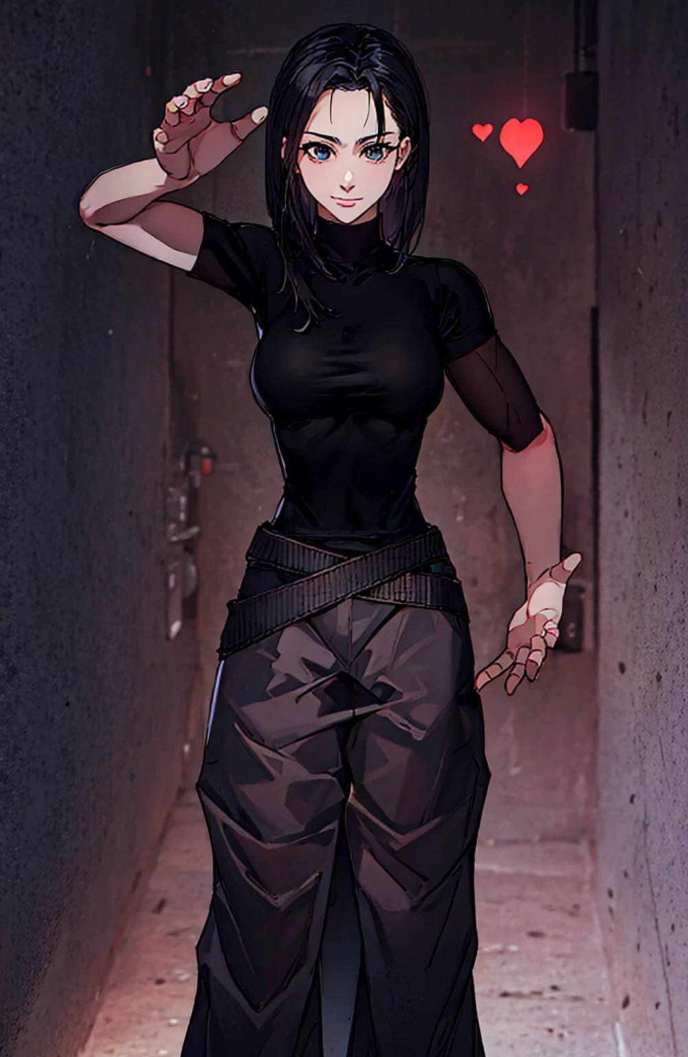girl, short black hair, kung fu style pants, black t-shirt, muscular body